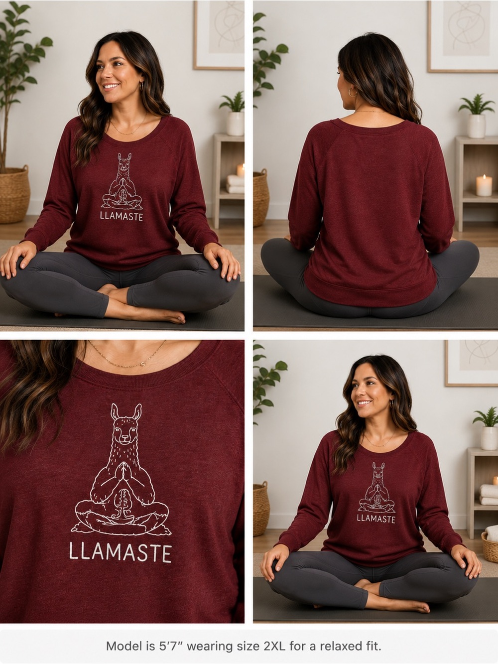 Bella+Canvas Llamaste Graphic Sweatshirt 2XL Burgundy Yoga Llama Cozy Pullover